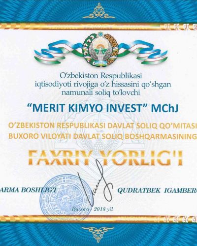 Образцовый налогоплательщик, внесший свой вклад в развитие экономики Республики Узбекистан.